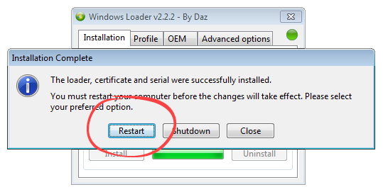 Перезагрузка ОС после успешной активации